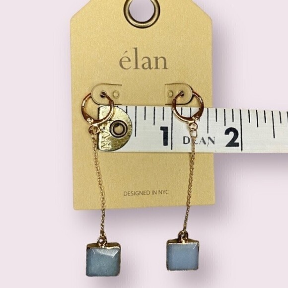 Élan Gold Drop Earrings with Blue Stone Dangles Minimalist Modern Jewelry - Picture 6 of 7